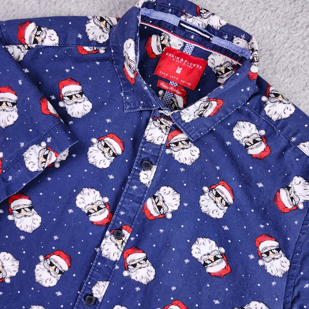 Denim & Flower Ricky Singh Holiday Shirt Men S Blue Santa Christmas Short Sleeve